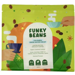 Grains de café de spécialité décaféiné Funky Beans Colombia Swiss Water Decaf, 200 g - Publicité Grains de café de spécialité décaféiné Funky Beans Colombia Swiss Water Decaf, 200 g - Publicité