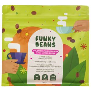 Grains de café de spécialité décaféiné Funky Beans Colombia Pink Bourbon SWD, 200 g - Publicité Grains de café de spécialité décaféiné Funky Beans Colombia Pink Bourbon SWD, 200 g - Publicité