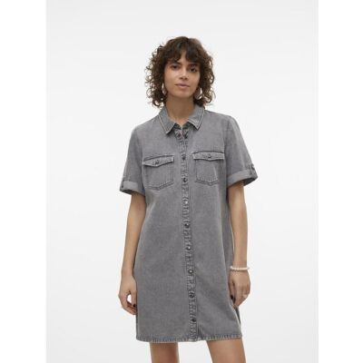 Vero Moda Robe en denim fermeture par bouton court col chemise manches avec revers manches courtes gris Bella S female - Publicité Vero Moda Robe en denim fermeture par bouton court col chemise manches avec revers manches courtes gris Bella S female - Publicité