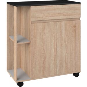 HOMCOM Chariot de service desserte de cuisine à roulettes multi-rangements placard double portes + 2 étagères + tiroir panneaux particules chêne noir - Publicité HOMCOM Chariot de service desserte de cuisine à roulettes multi-rangements placard double portes + 2 étagères + tiroir panneaux particules chêne noir - Publicité