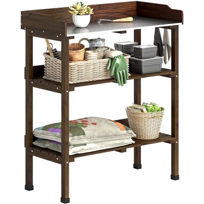 Outsunny Table de jardinage en bois avec plateau métallique, étagères et crochets pour jardin terrasse 76x37x89 cm carbonisé - Publicité Outsunny Table de jardinage en bois avec plateau métallique, étagères et crochets pour jardin terrasse 76x37x89 cm carbonisé - Publicité