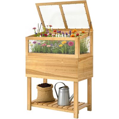 Outsunny Carré Potager sur Pieds avec Serre en Bois avec Couvercle Relevable, Étagère de Rangement, 80x45x108,5cm, Naturel - Publicité Outsunny Carré Potager sur Pieds avec Serre en Bois avec Couvercle Relevable, Étagère de Rangement, 80x45x108,5cm, Naturel - Publicité