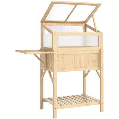 Outsunny Carré potager sur pieds avec serre, jardinière surélevée, table latérale pliante et étagère, 104x50x120cm, bois naturel - Publicité Outsunny Carré potager sur pieds avec serre, jardinière surélevée, table latérale pliante et étagère, 104x50x120cm, bois naturel - Publicité