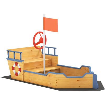Outsunny Bac à sable forme de bateau pirate boîte à sable pour enfant gouvernail drapeau rouge 2 marches et espace de rangement - Publicité Outsunny Bac à sable forme de bateau pirate boîte à sable pour enfant gouvernail drapeau rouge 2 marches et espace de rangement - Publicité