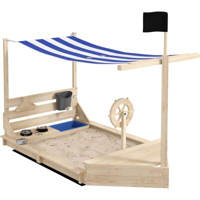 Outsunny Bac à sable en bois avec jeu de cuisine 6 accessoires coffre rangement gouvernail drapeau 180 x 103 x 144,5 cm naturel - Publicité Outsunny Bac à sable en bois avec jeu de cuisine 6 accessoires coffre rangement gouvernail drapeau 180 x 103 x 144,5 cm naturel - Publicité