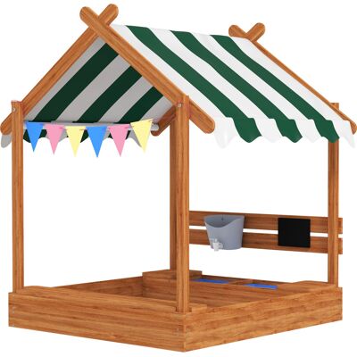 Outsunny Bac à sable pour enfants avec auvent, 6 fanions, 2 bacs, robinet et tableau en forme de maison pour patio 124x116x146 cm orange - Publicité Outsunny Bac à sable pour enfants avec auvent, 6 fanions, 2 bacs, robinet et tableau en forme de maison pour patio 124x116x146 cm orange - Publicité