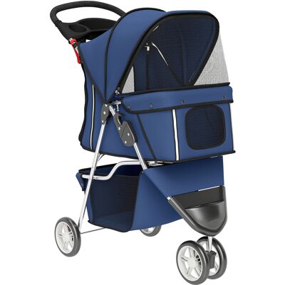 PawHut Poussette pliable pour petits chiens jusqu'à 10 kg avec 3 roues, capote, panier, fenêtres en filet, porte-gobelet, bleu foncé - Publicité PawHut Poussette pliable pour petits chiens jusqu'à 10 kg avec 3 roues, capote, panier, fenêtres en filet, porte-gobelet, bleu foncé - Publicité