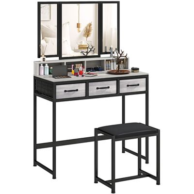 HOMCOM Coiffeuse de maquillage avec miroir triptyque amovible Tabouret 3 tiroirs en tissu Support pour sèche-cheveux Gris - Publicité HOMCOM Coiffeuse de maquillage avec miroir triptyque amovible Tabouret 3 tiroirs en tissu Support pour sèche-cheveux Gris - Publicité