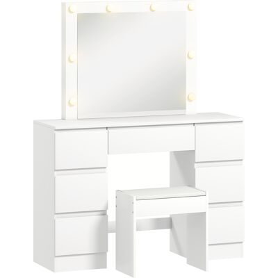 HOMCOM Coiffeuse avec miroir et tabouret table de maquillage avec miroir LED tabouret rembourré 7 tiroirs 110x39,5x140cm blanc - Publicité HOMCOM Coiffeuse avec miroir et tabouret table de maquillage avec miroir LED tabouret rembourré 7 tiroirs 110x39,5x140cm blanc - Publicité