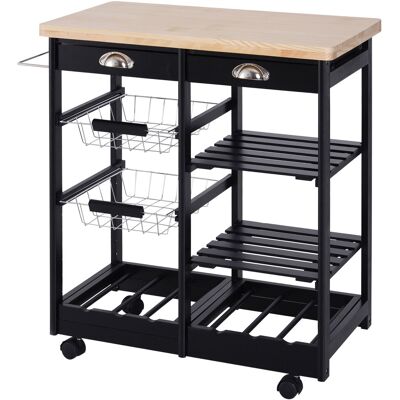 Chariot de Cuisine HOMCOM à 4 Roues - Rangement Multi, Pin Massif, Noir & Naturel - Publicité Chariot de Cuisine HOMCOM à 4 Roues - Rangement Multi, Pin Massif, Noir & Naturel - Publicité