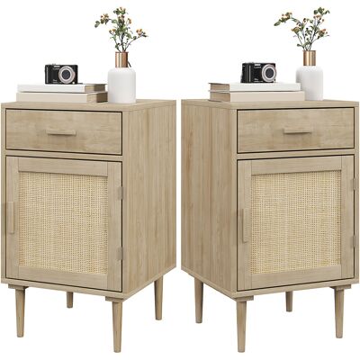 HOMCOM Lot de 2 tables de chevet avec placard et étagère porte rotin tissé 1 tiroir design bohème - 40 x 40 x 68,5 cm naturel - Publicité HOMCOM Lot de 2 tables de chevet avec placard et étagère porte rotin tissé 1 tiroir design bohème - 40 x 40 x 68,5 cm naturel - Publicité