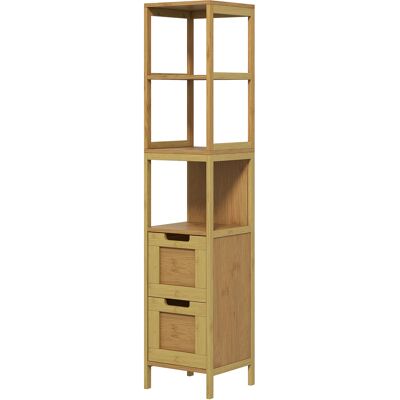 Kleankin Colonne de Rangement Bambou Naturel 3 Étagères 2 Tiroirs Style Cosy 30x30x144 cm Aosom France - Publicité Kleankin Colonne de Rangement Bambou Naturel 3 Étagères 2 Tiroirs Style Cosy 30x30x144 cm Aosom France - Publicité