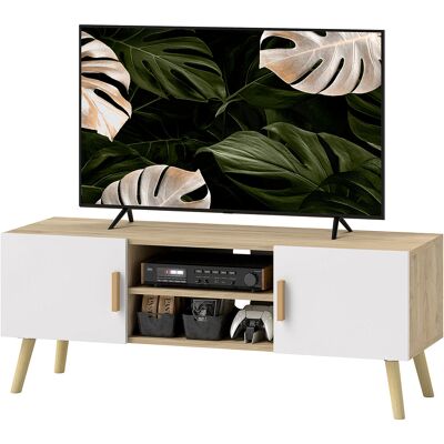 HOMCOM Meuble TV meuble télé bois banc TV jusqu'à 50 pouces avec étagères, 2 placards et passe-câbles, chêne - Publicité HOMCOM Meuble TV meuble télé bois banc TV jusqu'à 50 pouces avec étagères, 2 placards et passe-câbles, chêne - Publicité