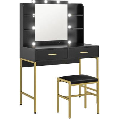 HOMCOM Coiffeuse avec miroir et éclairage intégré, tabouret rembourré, 2 tiroirs, étagères, coiffeuse moderne, noir - Publicité HOMCOM Coiffeuse avec miroir et éclairage intégré, tabouret rembourré, 2 tiroirs, étagères, coiffeuse moderne, noir - Publicité