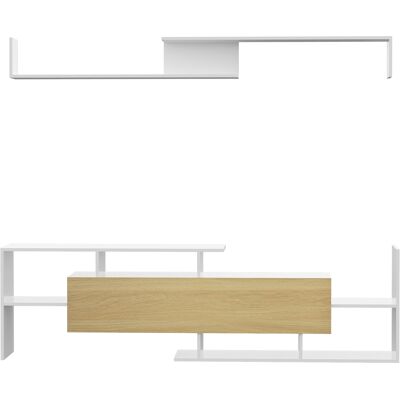 HOMCOM Ensemble meuble TV avec banc et étagère murale style contemporain 153,6L cm - blanc et bois naturel - Publicité HOMCOM Ensemble meuble TV avec banc et étagère murale style contemporain 153,6L cm - blanc et bois naturel - Publicité