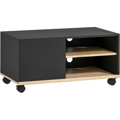 HOMCOM Meuble TV sur roulettes avec 2 Freins - 2 niches + Placard Porte 2 Passe-Fil - en bois Noir chêne Clair - Publicité HOMCOM Meuble TV sur roulettes avec 2 Freins - 2 niches + Placard Porte 2 Passe-Fil - en bois Noir chêne Clair - Publicité