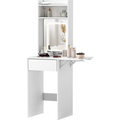 HOMCOM Coiffeuse Compacte avec Miroir et Éclairage LED, Plateau Pliable, Étagères Ouvertes, Tiroir, MDF, Blanc - Publicité HOMCOM Coiffeuse Compacte avec Miroir et Éclairage LED, Plateau Pliable, Étagères Ouvertes, Tiroir, MDF, Blanc - Publicité
