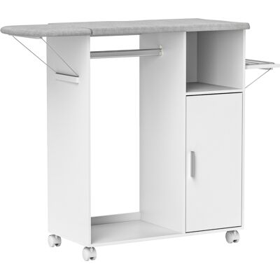 HOMCOM Armoire à repasser sur roulettes, table à repasser pliante, étagère réglable, barre de suspension, 127x42,5x99cm, blanc - Publicité HOMCOM Armoire à repasser sur roulettes, table à repasser pliante, étagère réglable, barre de suspension, 127x42,5x99cm, blanc - Publicité