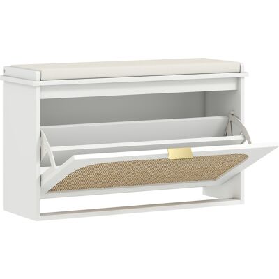 HOMCOM Banc à chaussures, banc de rangement, assise rembourrée, tiroir rabattable, porte en rotin, 80 x 26 x 47,5 cm, blanc - Publicité HOMCOM Banc à chaussures, banc de rangement, assise rembourrée, tiroir rabattable, porte en rotin, 80 x 26 x 47,5 cm, blanc - Publicité