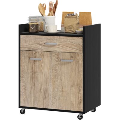HOMCOM Chariot de service desserte de cuisine à roulettes tiroir placard 2 portes étagère en bois gris effet bois, noir - Publicité HOMCOM Chariot de service desserte de cuisine à roulettes tiroir placard 2 portes étagère en bois gris effet bois, noir - Publicité