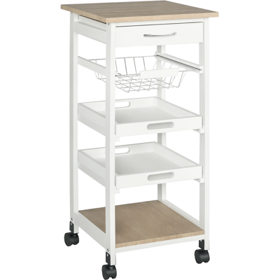 HOMCOM Chariot de service desserte de cuisine à roulettes panier + 2 plateaux amovibles, tiroir, étagère MDF chêne clair bois pin blanc - Publicité HOMCOM Chariot de service desserte de cuisine à roulettes panier + 2 plateaux amovibles, tiroir, étagère MDF chêne clair bois pin blanc - Publicité