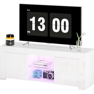 HOMCOM Meuble TV avec éclairage LED, 2 portes d'armoire, étagère en verre, passes-câbles, pour salon, aggloméré, Blanc - Publicité HOMCOM Meuble TV avec éclairage LED, 2 portes d'armoire, étagère en verre, passes-câbles, pour salon, aggloméré, Blanc - Publicité