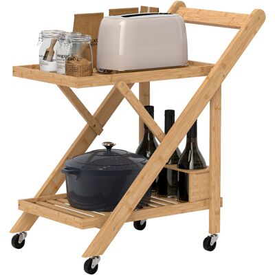 HOMCOM Desserte de cuisine en bambou chariot de service pliable 2 plateaux 4 roues 3 casiers à vin 66 x 40 x 70 cm bois naturel - Publicité HOMCOM Desserte de cuisine en bambou chariot de service pliable 2 plateaux 4 roues 3 casiers à vin 66 x 40 x 70 cm bois naturel - Publicité