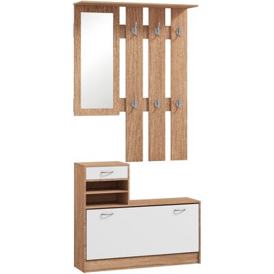 HOMCOM Meuble d'entrée vestiaire avec panneau porte-manteau, miroir et banc à chaussures - 6 crochets et étagère réglable - Publicité HOMCOM Meuble d'entrée vestiaire avec panneau porte-manteau, miroir et banc à chaussures - 6 crochets et étagère réglable - Publicité