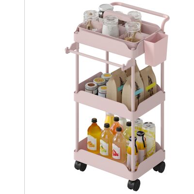 HOMCOM Chariot d'appoint à roulettes 3 niveaux chariot de cuisine avec paniers amovibles et porte-serviettes rose - Publicité HOMCOM Chariot d'appoint à roulettes 3 niveaux chariot de cuisine avec paniers amovibles et porte-serviettes rose - Publicité