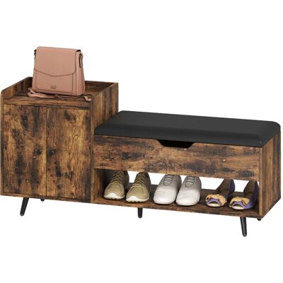 HOMCOM Banc à chaussures industriel avec assise rembourrée compartiment caché étagères portes 127x35x59 cm Marron rustique - Publicité HOMCOM Banc à chaussures industriel avec assise rembourrée compartiment caché étagères portes 127x35x59 cm Marron rustique - Publicité