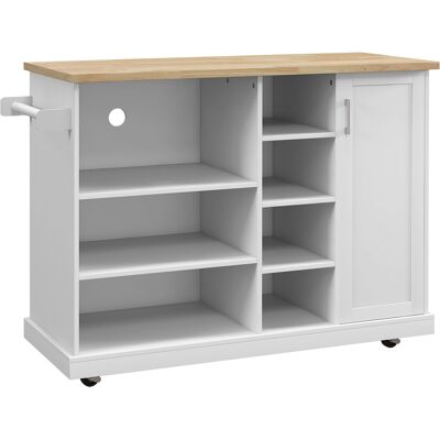 HOMCOM Desserte îlot de cuisine sur roulettes 7 compartiments 1 placard 1 porte 1 porte torchons 129 x 51 x 93 cm bois et blanc - Publicité HOMCOM Desserte îlot de cuisine sur roulettes 7 compartiments 1 placard 1 porte 1 porte torchons 129 x 51 x 93 cm bois et blanc - Publicité