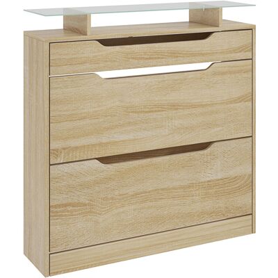 HOMCOM Armoire à Chaussures 2 tiroirs rabattables + 1 tiroir Coulissant + 1 comptoir et 1 Plateau en Verre étagère réglable - Publicité HOMCOM Armoire à Chaussures 2 tiroirs rabattables + 1 tiroir Coulissant + 1 comptoir et 1 Plateau en Verre étagère réglable - Publicité