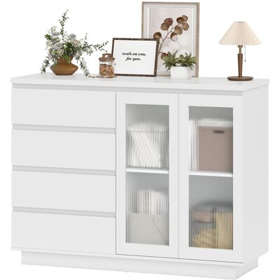 HOMCOM Buffet, meuble d'appoint avec 4 tiroirs, 2 portes vitrées, design moderne, MDF, Blanc - Publicité HOMCOM Buffet, meuble d'appoint avec 4 tiroirs, 2 portes vitrées, design moderne, MDF, Blanc - Publicité