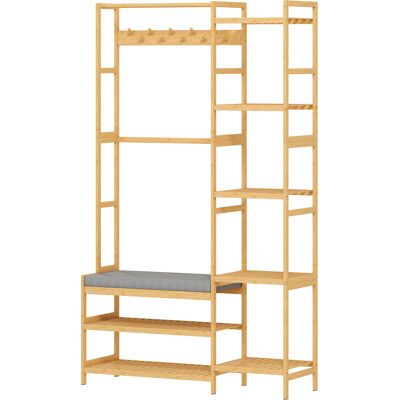 HOMCOM Porte-manteaux avec étagère à chaussures, crochets, porte-manteaux, banc avec coussin, pour couloir, entrée, bois naturel - Publicité HOMCOM Porte-manteaux avec étagère à chaussures, crochets, porte-manteaux, banc avec coussin, pour couloir, entrée, bois naturel - Publicité