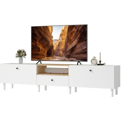 HOMCOM Meuble TV 200 cm pour téléviseurs jusqu'à 228,6 cm, 2 compartiments à abattant, étagère ouverte, tiroir, 8 pieds, panneau de particules, Blanc - Publicité HOMCOM Meuble TV 200 cm pour téléviseurs jusqu'à 228,6 cm, 2 compartiments à abattant, étagère ouverte, tiroir, 8 pieds, panneau de particules, Blanc - Publicité