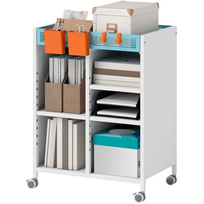 HOMCOM Étagère sur roulettes, 4 niveaux, tablettes réglables & paniers suspendus pour bureau à domicile et salon, Blanc - Publicité HOMCOM Étagère sur roulettes, 4 niveaux, tablettes réglables & paniers suspendus pour bureau à domicile et salon, Blanc - Publicité