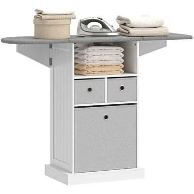 HOMCOM Meuble table à repasser pliable sur roulettes avec étagère ouverte et 3 tiroirs, 121x37x89.5 cm, Blanc et Gris - Publicité HOMCOM Meuble table à repasser pliable sur roulettes avec étagère ouverte et 3 tiroirs, 121x37x89.5 cm, Blanc et Gris - Publicité