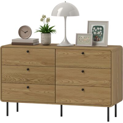 HOMCOM Commode 6 tiroirs meuble de rangement style moderne coins arrondis et pieds en acier 120 x 40 x 75cm effet bois de chêne - Publicité HOMCOM Commode 6 tiroirs meuble de rangement style moderne coins arrondis et pieds en acier 120 x 40 x 75cm effet bois de chêne - Publicité