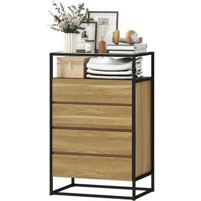 HOMCOM Commode de chambre 4 tiroirs, plateau en verre trempé, étagère ouverte, structure en acier, 60x40x94,5 cm, teck - Publicité HOMCOM Commode de chambre 4 tiroirs, plateau en verre trempé, étagère ouverte, structure en acier, 60x40x94,5 cm, teck - Publicité