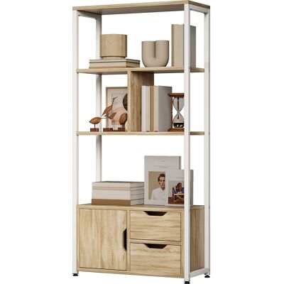 HOMCOM Bibliothèque Étagère à livres avec étagères, tiroirs et porte 58x24x122 cm Style industriel Blanc et bois naturel - Publicité HOMCOM Bibliothèque Étagère à livres avec étagères, tiroirs et porte 58x24x122 cm Style industriel Blanc et bois naturel - Publicité