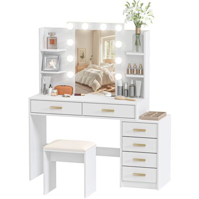 HOMCOM Coiffeuse avec miroir éclairé et tabouret rembourré, ensemble maquillage avec 6 tiroirs et étagères, Blanc - Publicité HOMCOM Coiffeuse avec miroir éclairé et tabouret rembourré, ensemble maquillage avec 6 tiroirs et étagères, Blanc - Publicité