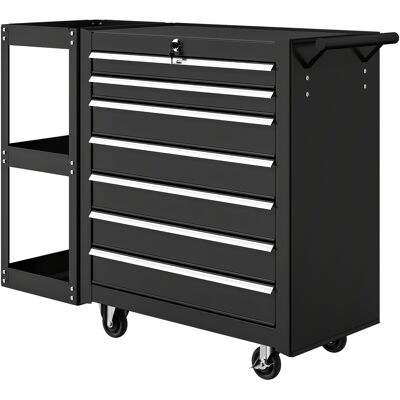 HOMCOM Chariot d'atelier chariot d'outils avec 7 tiroirs étagère latérale amovible 4 roulettes avec frein, 96x33,5x75cm, Noir - Publicité HOMCOM Chariot d'atelier chariot d'outils avec 7 tiroirs étagère latérale amovible 4 roulettes avec frein, 96x33,5x75cm, Noir - Publicité