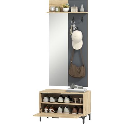 HOMCOM Ensemble d'entrée pour hall, banc à chaussures, miroir, 3 crochets, étagère ouverte, meuble d'entrée, Bois naturel+Gris - Publicité HOMCOM Ensemble d'entrée pour hall, banc à chaussures, miroir, 3 crochets, étagère ouverte, meuble d'entrée, Bois naturel+Gris - Publicité
