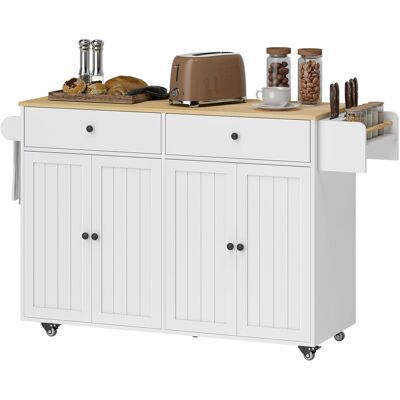 HOMCOM Îlot de cuisine roulant, 2 tiroirs, 2 armoires, déplaçable, étagère à épices, porte-serviette, porte-couteaux, MDF, blanc - Publicité HOMCOM Îlot de cuisine roulant, 2 tiroirs, 2 armoires, déplaçable, étagère à épices, porte-serviette, porte-couteaux, MDF, blanc - Publicité