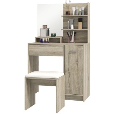 HOMCOM Coiffeuse de maquillage avec tabouret miroir étagères ouvertes tiroir et étagère réglable anti-basculement naturel et beige - Publicité HOMCOM Coiffeuse de maquillage avec tabouret miroir étagères ouvertes tiroir et étagère réglable anti-basculement naturel et beige - Publicité
