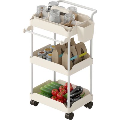 HOMCOM Desserte auxiliaire à roulettes 3 niveaux desserte de cuisine avec paniers amovibles et porte-serviettes blanc - Publicité HOMCOM Desserte auxiliaire à roulettes 3 niveaux desserte de cuisine avec paniers amovibles et porte-serviettes blanc - Publicité