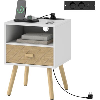 HOMCOM Table de Chevet avec Station de Charge Tiroir 2 Tomas AC Port USB Type-C Compartiment Ouvert Pieds en Bois Blanc - Publicité HOMCOM Table de Chevet avec Station de Charge Tiroir 2 Tomas AC Port USB Type-C Compartiment Ouvert Pieds en Bois Blanc - Publicité