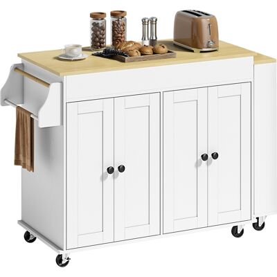 HOMCOM Îlot de cuisine sur roulettes plan de travail extensible 4 portes étagères réglables range-épices et porte-serviettes blanc - Publicité HOMCOM Îlot de cuisine sur roulettes plan de travail extensible 4 portes étagères réglables range-épices et porte-serviettes blanc - Publicité