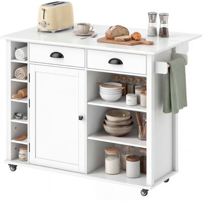 HOMCOM Îlot de cuisine sur roulettes plateau rabattable porte-épices porte-serviettes armoire 2 tiroirs 117,5x70x91 cm blanc - Publicité HOMCOM Îlot de cuisine sur roulettes plateau rabattable porte-épices porte-serviettes armoire 2 tiroirs 117,5x70x91 cm blanc - Publicité