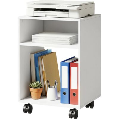 HOMCOM Meuble porte-imprimante en bois avec roulettes à frein et 2 compartiments ouverts, 40x35x55 cm, pour bureau/studio, Blanc - Publicité HOMCOM Meuble porte-imprimante en bois avec roulettes à frein et 2 compartiments ouverts, 40x35x55 cm, pour bureau/studio, Blanc - Publicité
